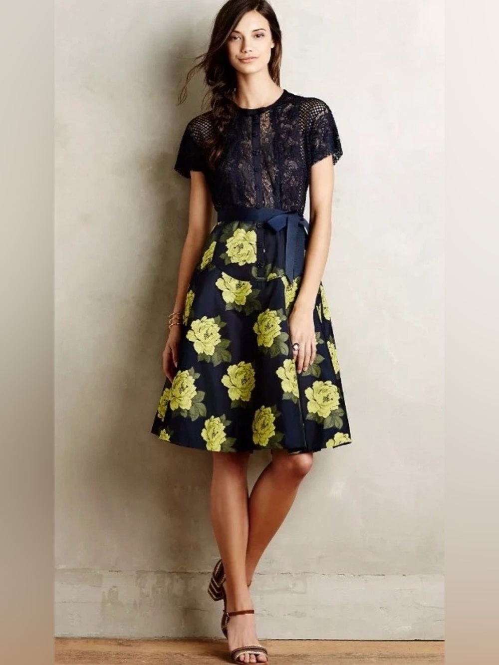 Anthropologie Fit And Flare Sunrose Dress Floral Belted Beguile By Byron Lars